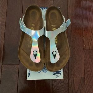 Mirror Silver Gizeh Birkenstocks Size 39